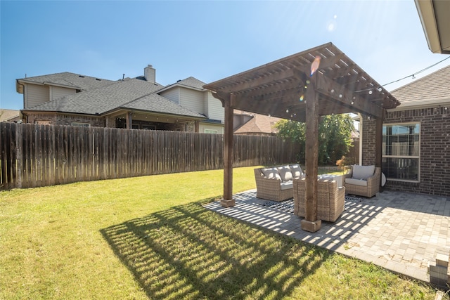 view of yard with a pergola, outdoor lounge area, and a patio