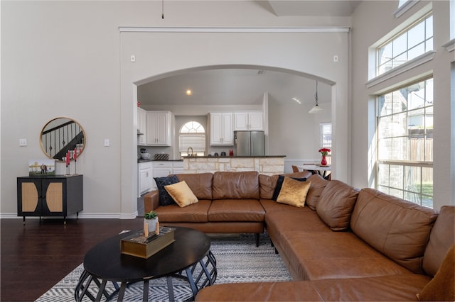 living room with dark hardwood / wood-style flooring