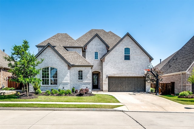 french country inspired facade featuring a front yard and a garage