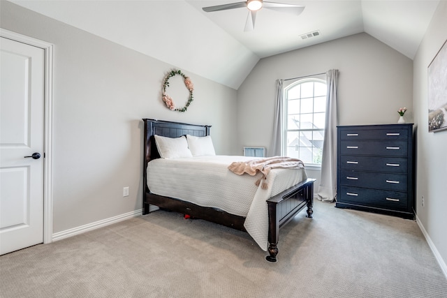 carpeted bedroom featuring ceiling fan and lofted ceiling