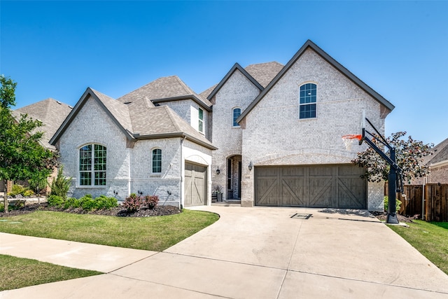 french country home with a front yard and a garage