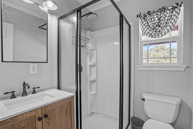 bathroom with vanity, toilet, and an enclosed shower