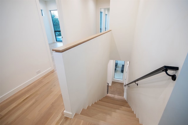 staircase with hardwood / wood-style flooring