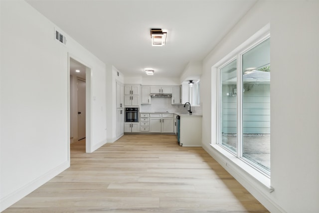 hall with light hardwood / wood-style floors and sink