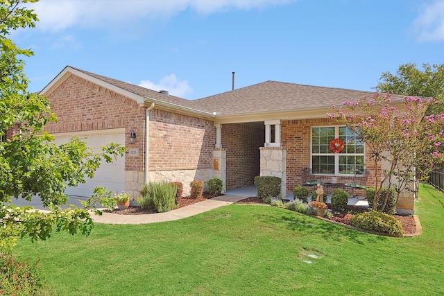 ranch-style home featuring a garage and a front yard