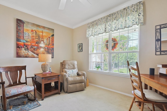 carpeted office featuring ceiling fan, a healthy amount of sunlight, and crown molding