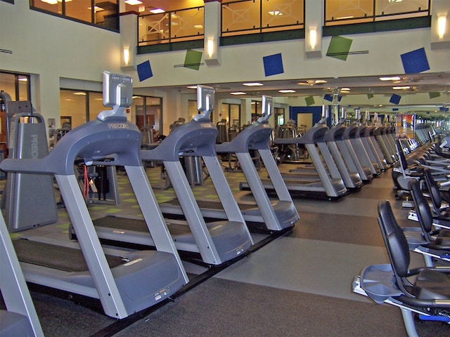 workout area with a high ceiling