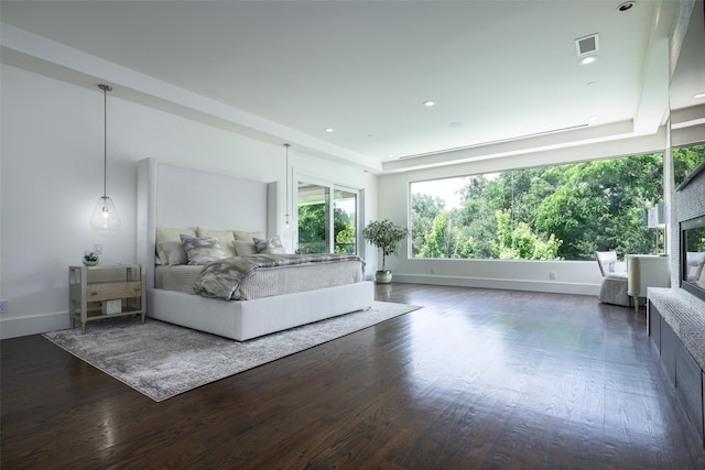 unfurnished bedroom with dark wood-type flooring and a raised ceiling