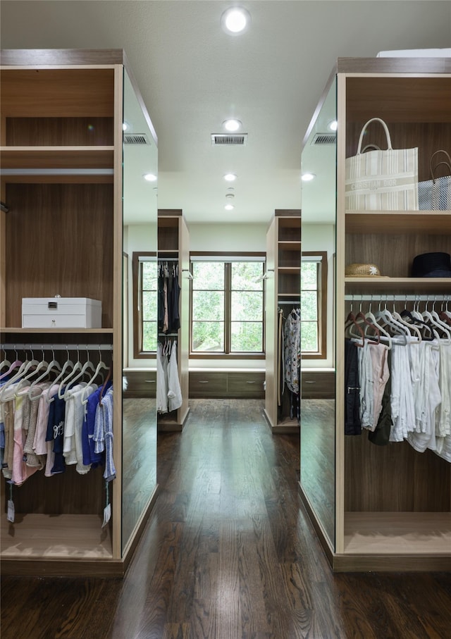 spacious closet with dark hardwood / wood-style flooring