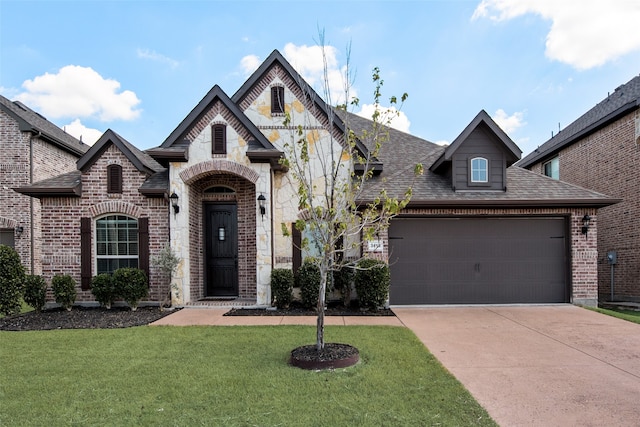 view of front of property with a front yard and a garage