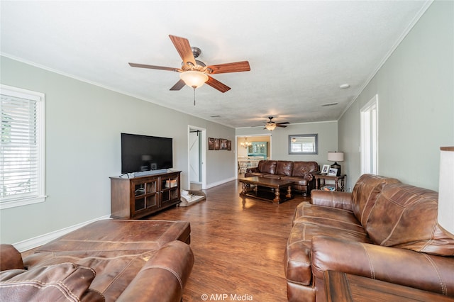 living room with ceiling fan, ornamental molding, and dark hardwood / wood-style flooring