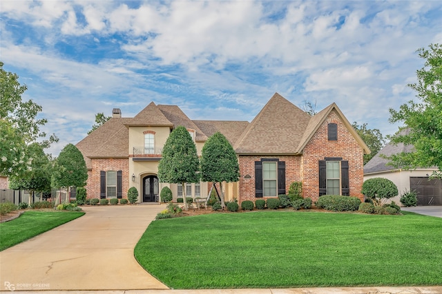 view of front of property featuring a front yard, a balcony, and a garage