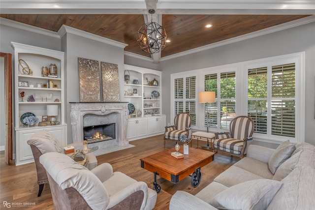 living room featuring wood-type flooring, wood ceiling, a high end fireplace, and a notable chandelier