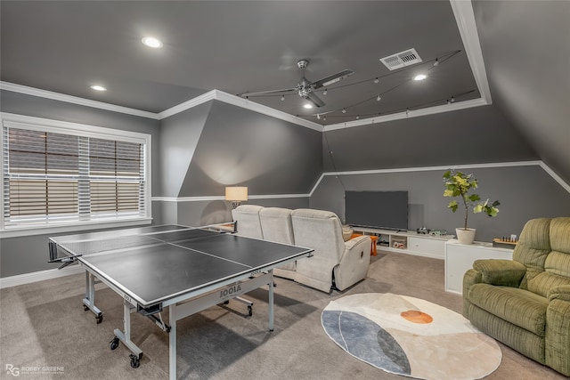 playroom featuring ornamental molding, ceiling fan, and light colored carpet