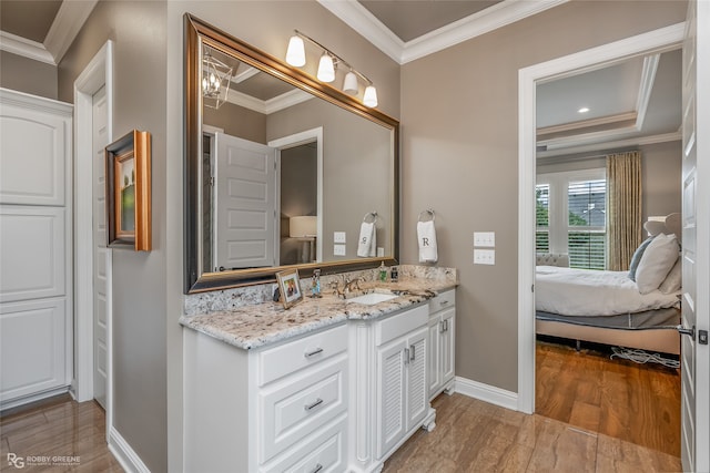 bathroom with crown molding, vanity, and hardwood / wood-style flooring