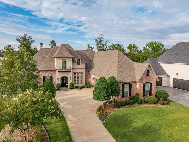 french country inspired facade with a front lawn and a garage