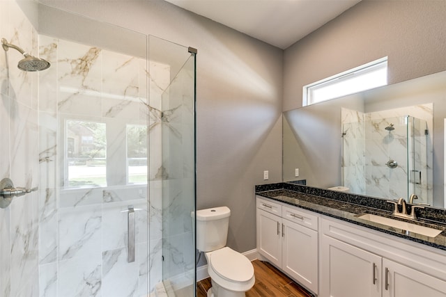 bathroom featuring walk in shower, wood-type flooring, vanity, and toilet