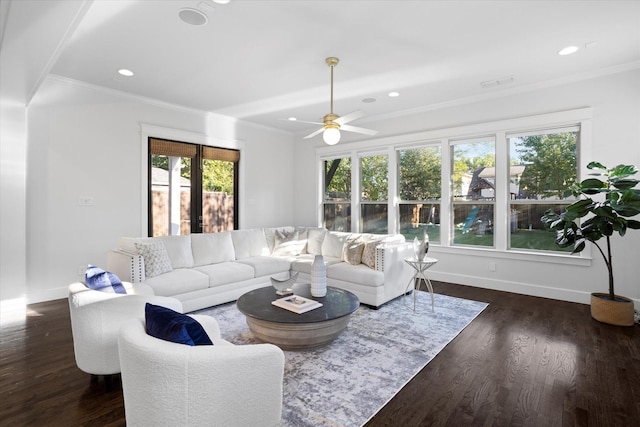 living room with ceiling fan, crown molding, dark hardwood / wood-style floors, and french doors