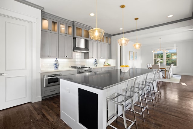 kitchen featuring dark hardwood / wood-style floors, range hood, stainless steel appliances, and decorative light fixtures