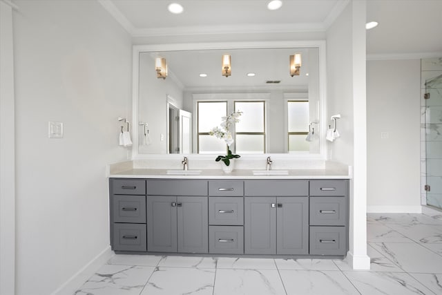 bathroom with ornamental molding, walk in shower, and vanity