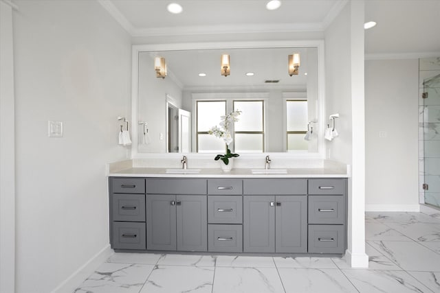 bathroom featuring crown molding, an enclosed shower, and vanity