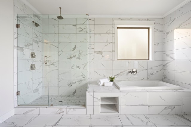 bathroom featuring shower with separate bathtub and crown molding