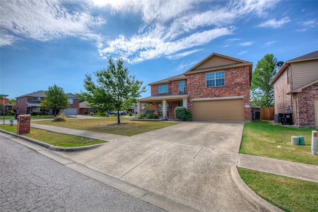 view of front of property with cooling unit, a front lawn, and a garage