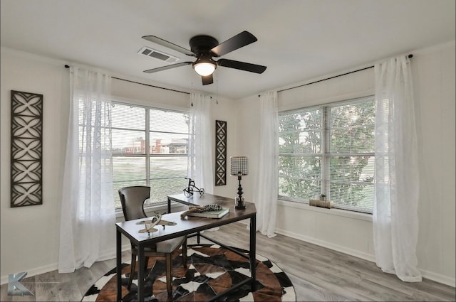 office featuring light wood-type flooring, crown molding, and ceiling fan