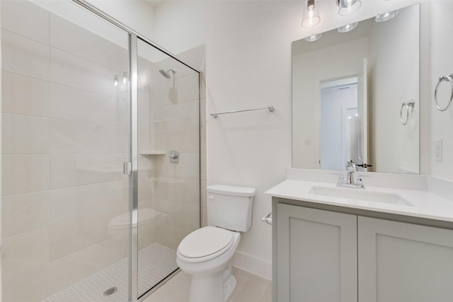 bathroom featuring an enclosed shower, vanity, toilet, and tile patterned floors