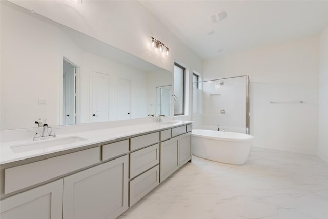 bathroom with shower with separate bathtub and vanity