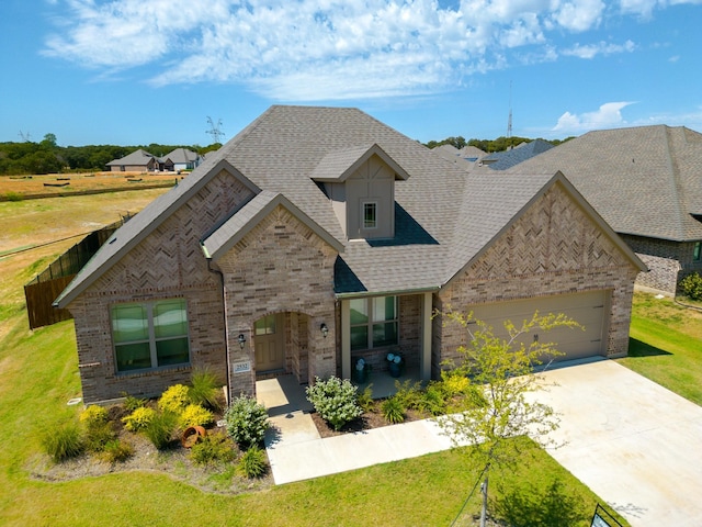 view of front of property featuring a front yard and a garage