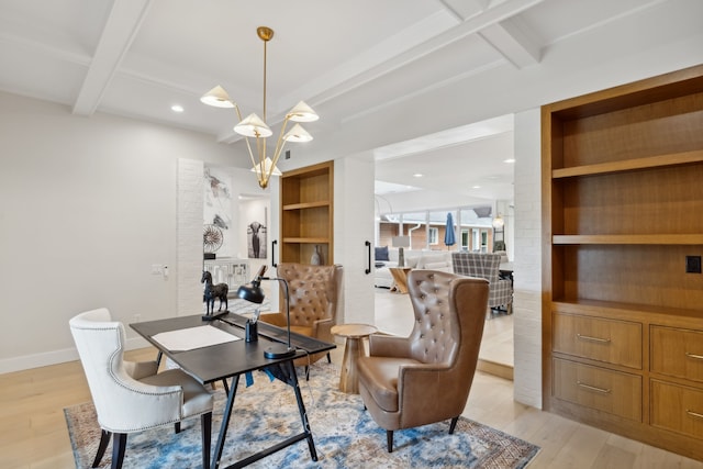 dining room with coffered ceiling, an inviting chandelier, light wood-type flooring, and beam ceiling