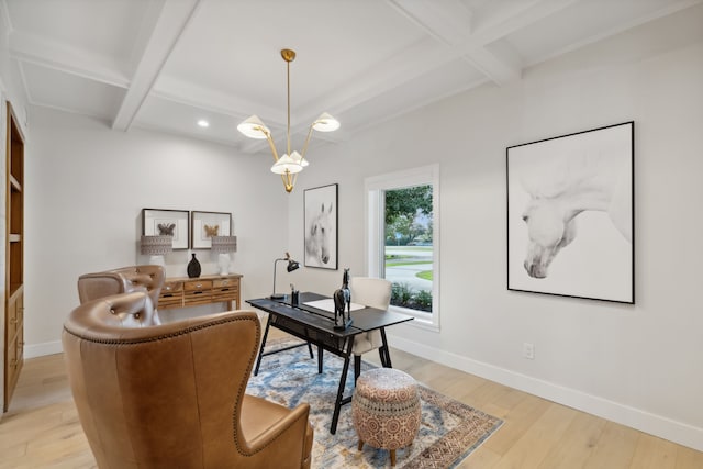 home office with coffered ceiling, beam ceiling, and light wood-type flooring