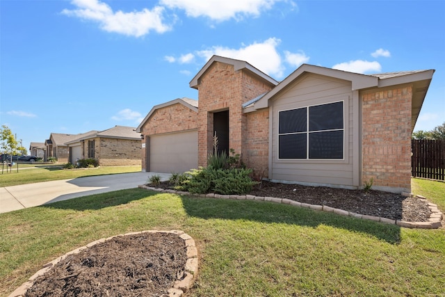 single story home with a front yard and a garage