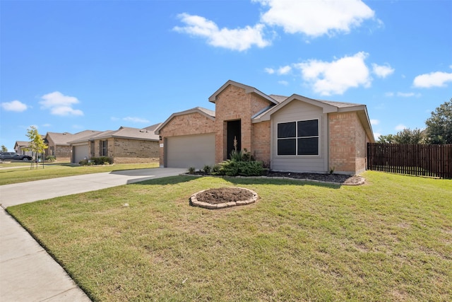 ranch-style home featuring a garage and a front lawn