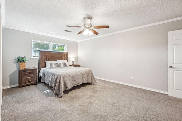 1424 Prairie Wind Blvd, Stephenville, TX 76401 - carpeted bedroom featuring crown molding, a textured ceiling, a ceiling fan, and baseboards