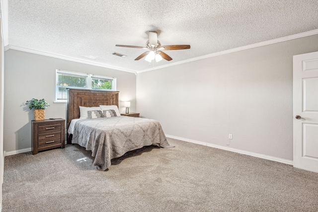 carpeted bedroom with a textured ceiling, ornamental molding, and ceiling fan