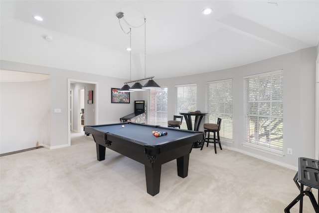 game room featuring light carpet, billiards, and lofted ceiling