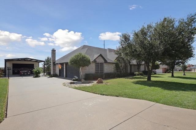 view of front of home featuring a garage, a carport, and a front lawn