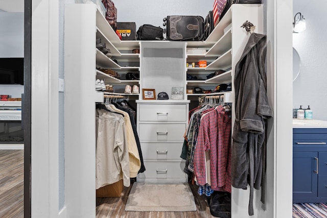 walk in closet with wood-type flooring