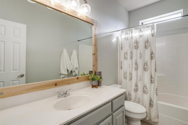 full bathroom with vanity, toilet, and shower / bathtub combination with curtain