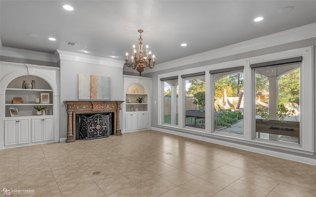 unfurnished living room with built in features, crown molding, light tile patterned floors, and a chandelier