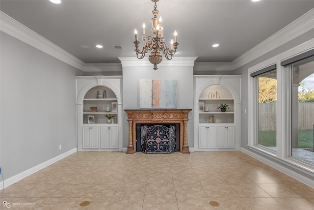 unfurnished living room with a chandelier, built in shelves, crown molding, and light tile patterned flooring