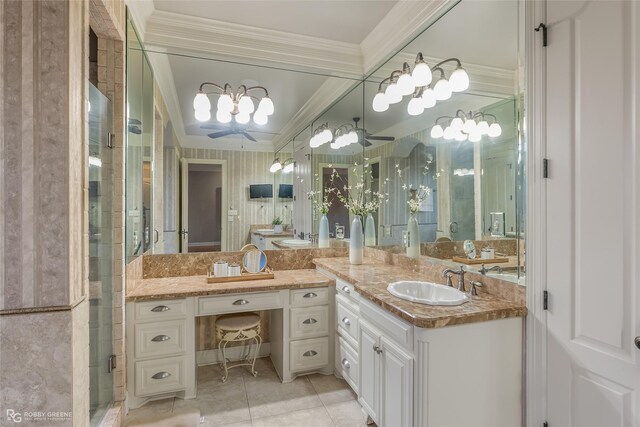 bathroom with vanity, tile patterned flooring, ceiling fan, ornamental molding, and a shower with shower door