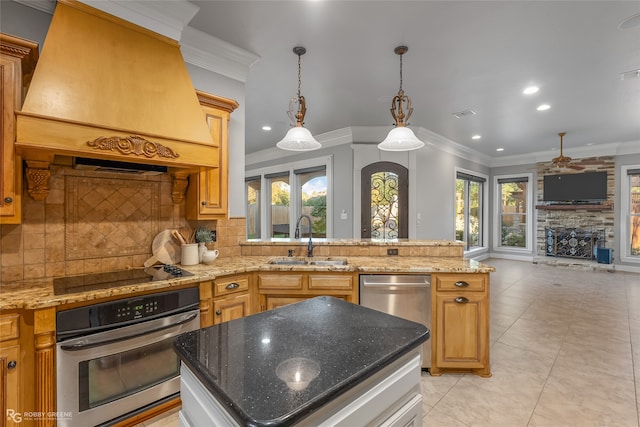 kitchen with appliances with stainless steel finishes, sink, tasteful backsplash, and custom exhaust hood