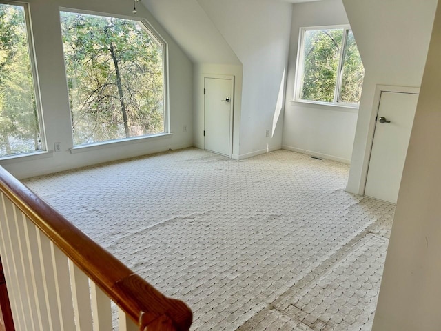 additional living space with baseboards, lofted ceiling, a healthy amount of sunlight, and carpet floors