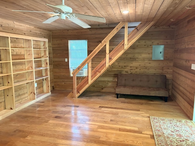 basement featuring ceiling fan, electric panel, wood walls, wood-type flooring, and wooden ceiling