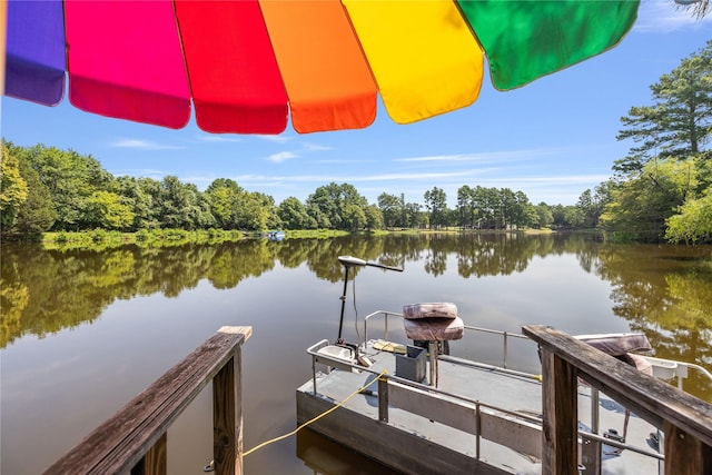 dock area featuring a view of trees and a water view