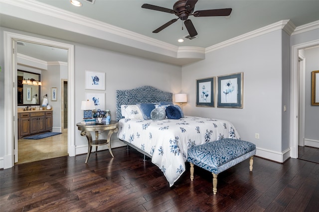 bedroom with ceiling fan, crown molding, and dark wood-type flooring