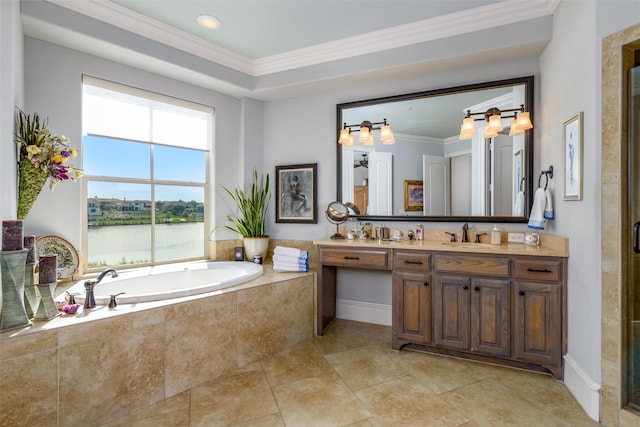 bathroom with independent shower and bath, vanity, crown molding, and a water view